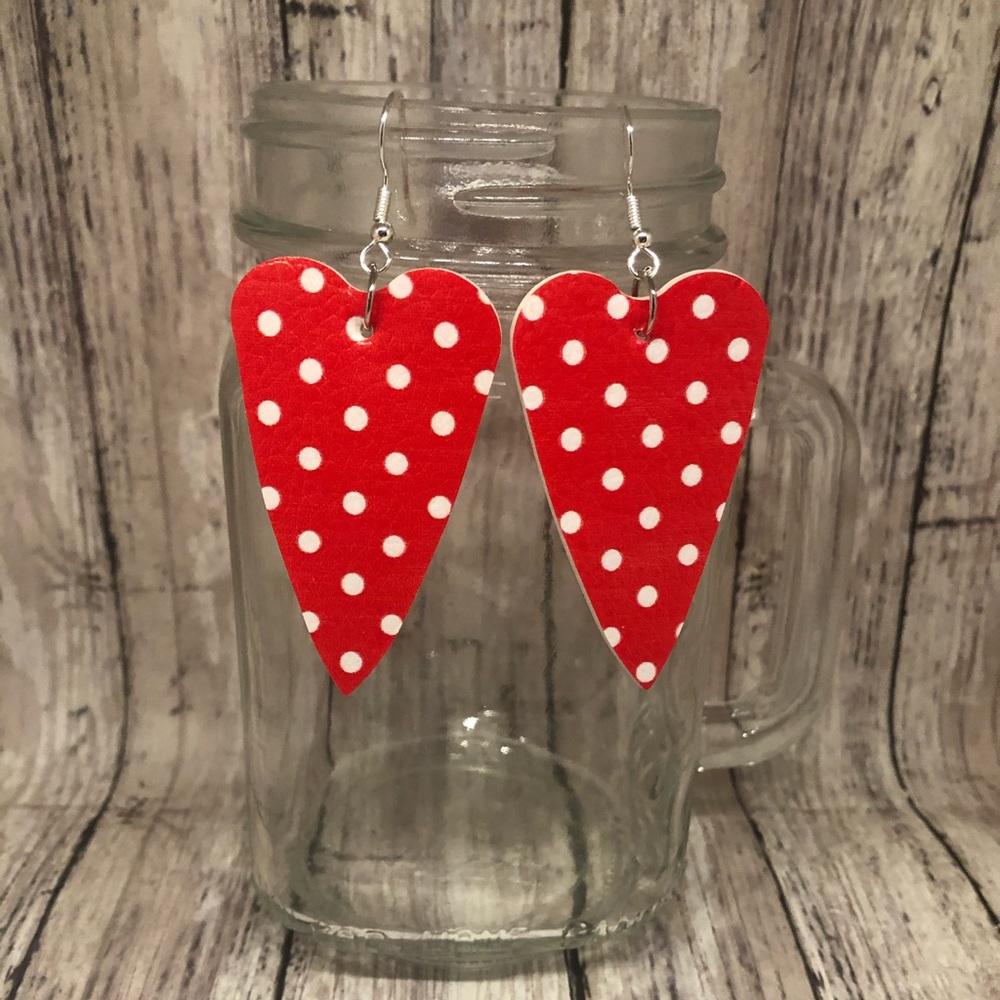 Red Polka Dot Leather Heart Earrings